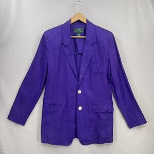 Vtg Lauren Ralph Lauren Linen Blazer Womens 6 Purple Embroidered Crest 2 Button